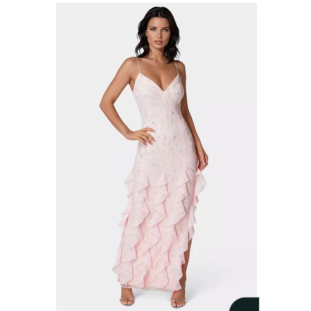 Bebe Cascade Beaded Mesh Gown Blush Pink Sequin Ruffle Formal Dress BEBE1324 S - Picture 6 of 6